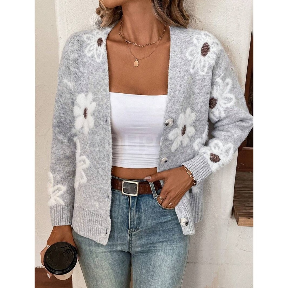 Grey Cardigan Knit Flower Textured Button Front - Picture 4 of 9